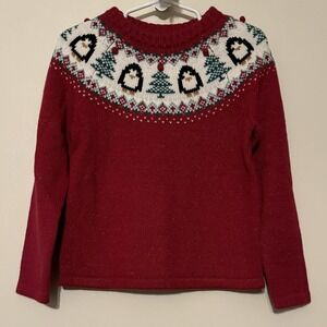 Jingles & Joy Girls 4T Sparkly Christmas Tree Penguin Fair Isle Sweater Red